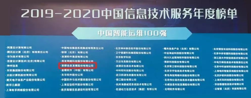 首都信息入圍中國信息技術服務年度榜單“中國智能運維100強”